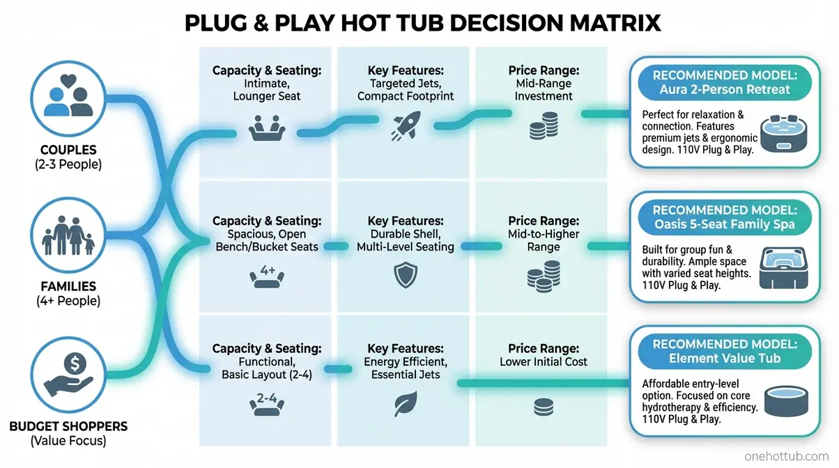 Decision matrix showing best plug and play hot tub for each buyer type including couples, families, and budget shoppers