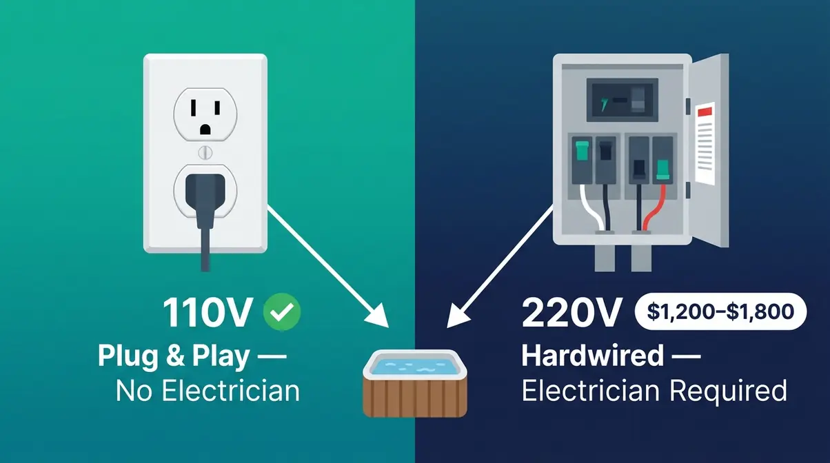 Best Plug and Play Hot Tubs: 5 Tested Picks (2026) 12 Infographic comparing 110V plug and play hot tub outlet versus 220V hardwired electrical installation