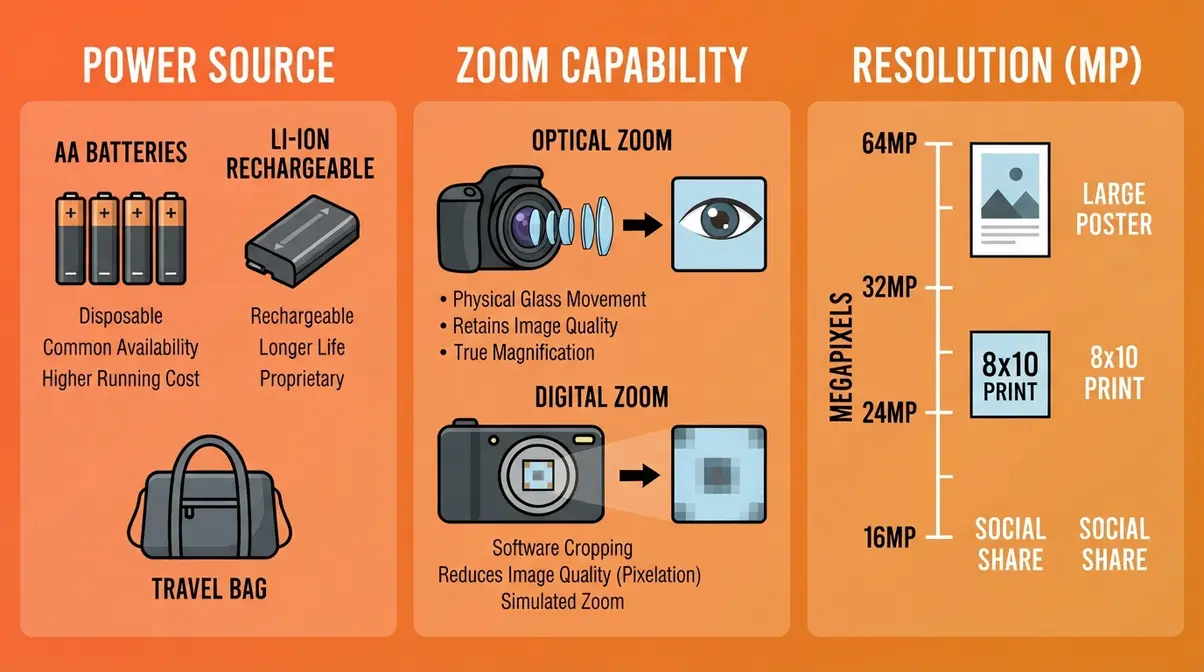 Compact camera buying guide comparing battery type, optical zoom, and megapixel resolution