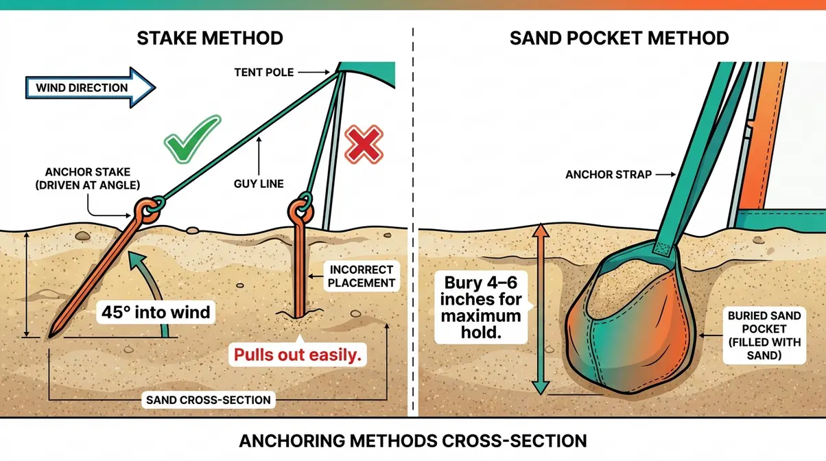 Beach tent anchoring diagram showing 45-degree stake angle and buried sand pocket placement for wind stability