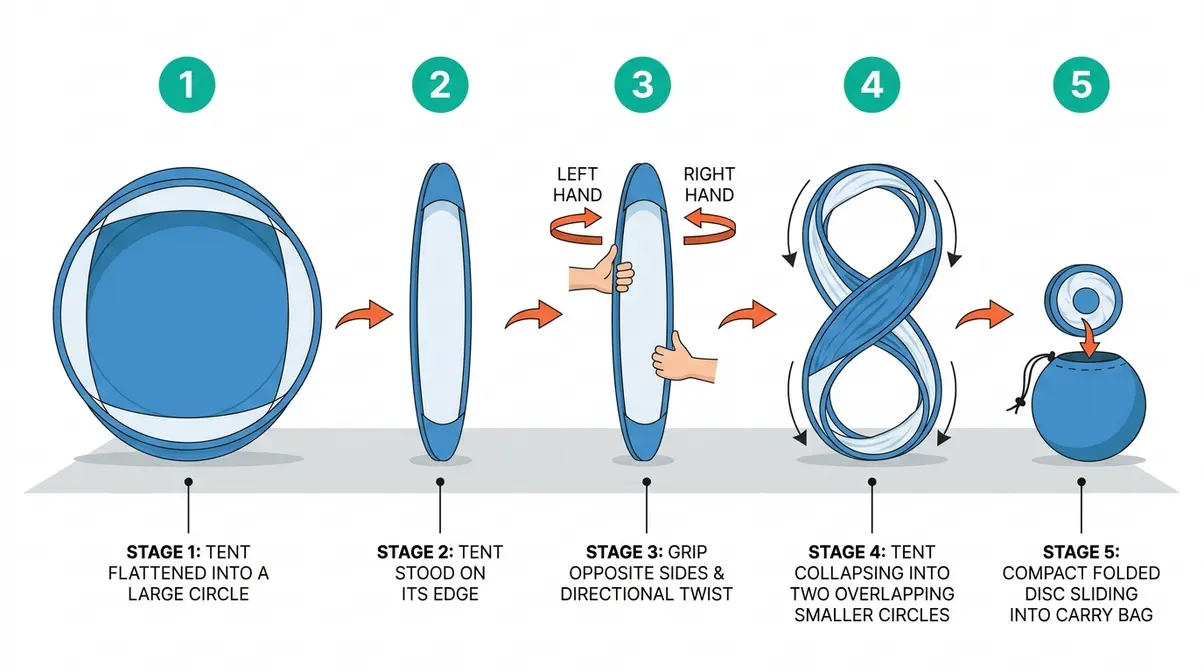 Five-stage figure-8 folding method diagram for pop-up beach tent teardown from flat circle to carry bag