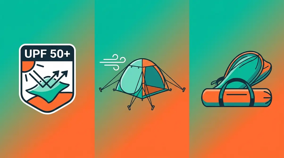 Pop-up beach tent buying guide illustration showing UV protection, wind anchoring, and packability criteria