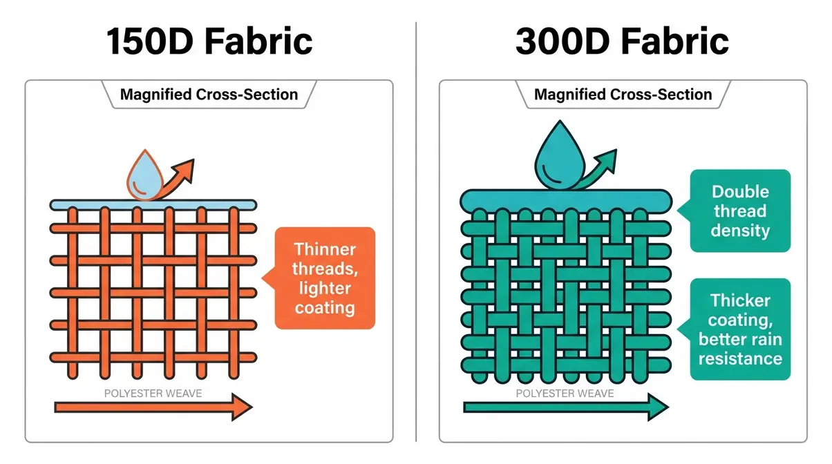 Side-by-side diagram of 150D vs 300D canopy fabric weave density and waterproof coating thickness