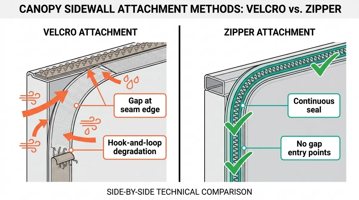 Labeled diagram comparing Velcro and zipper sidewall attachment on a pop-up canopy showing wind and rain seal quality