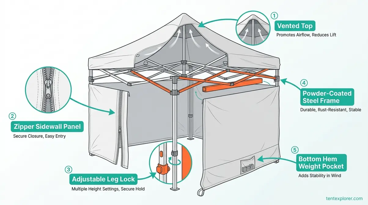 Labeled diagram of pop-up canopy with sidewalls showing vented top, zipper sidewalls, leg locks, and frame material