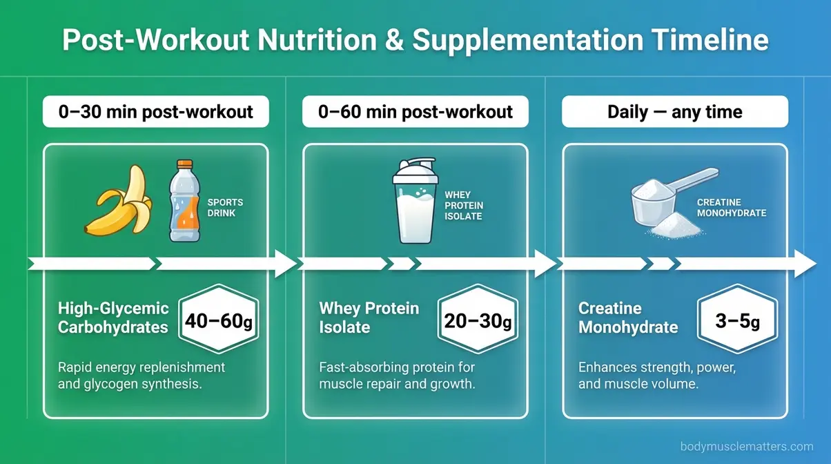Infographic timeline showing whey protein, creatine, and carbohydrate dosage and timing for post-workout muscle gain