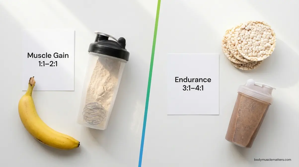 Side-by-side post-workout meals showing carb-to-protein ratio for muscle gain versus endurance training