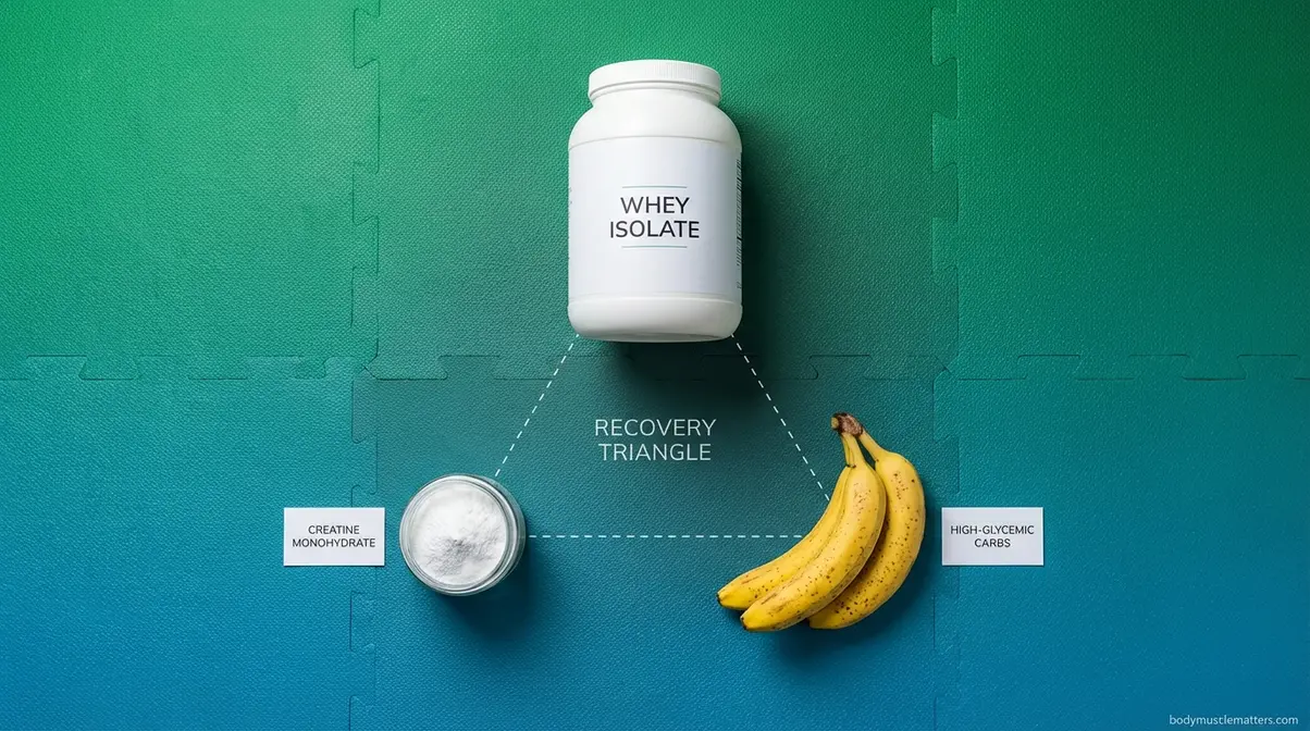 Three core post-workout supplements — whey protein, creatine, and bananas — arranged in a triangle on gym surface