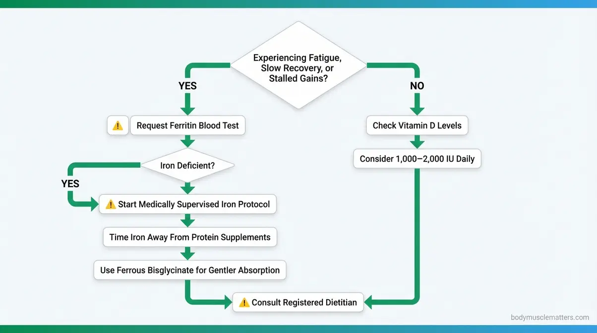 Flowchart troubleshooting guide for muscle growth issues caused by low iron or anemia with supplement safety steps