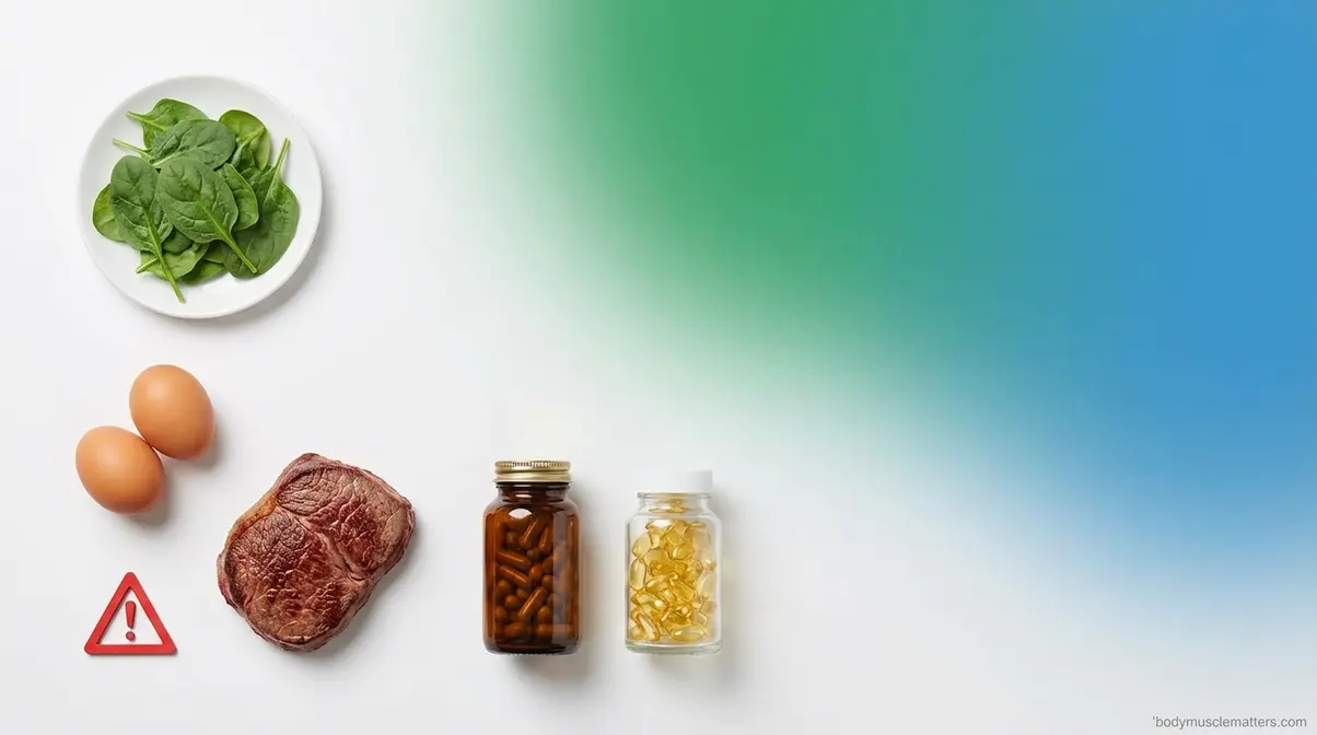 Iron-rich foods and micronutrient supplements on white surface showing roadblocks to post-workout muscle growth