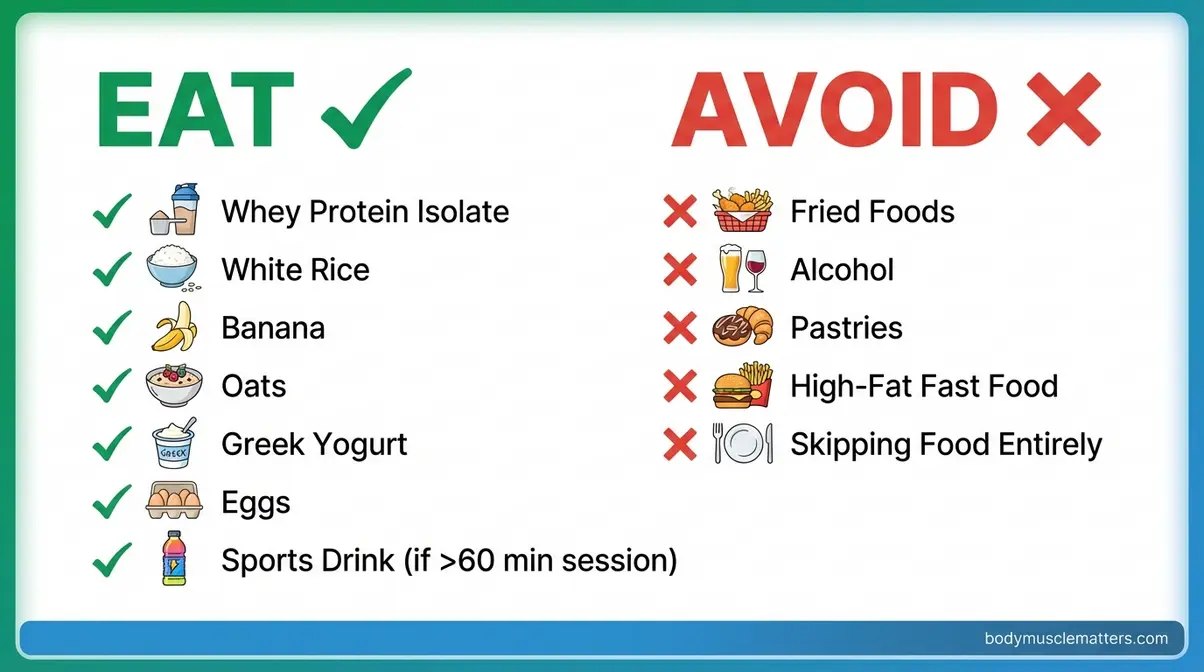 Checklist infographic showing foods to eat versus foods to avoid after a gym workout for muscle recovery