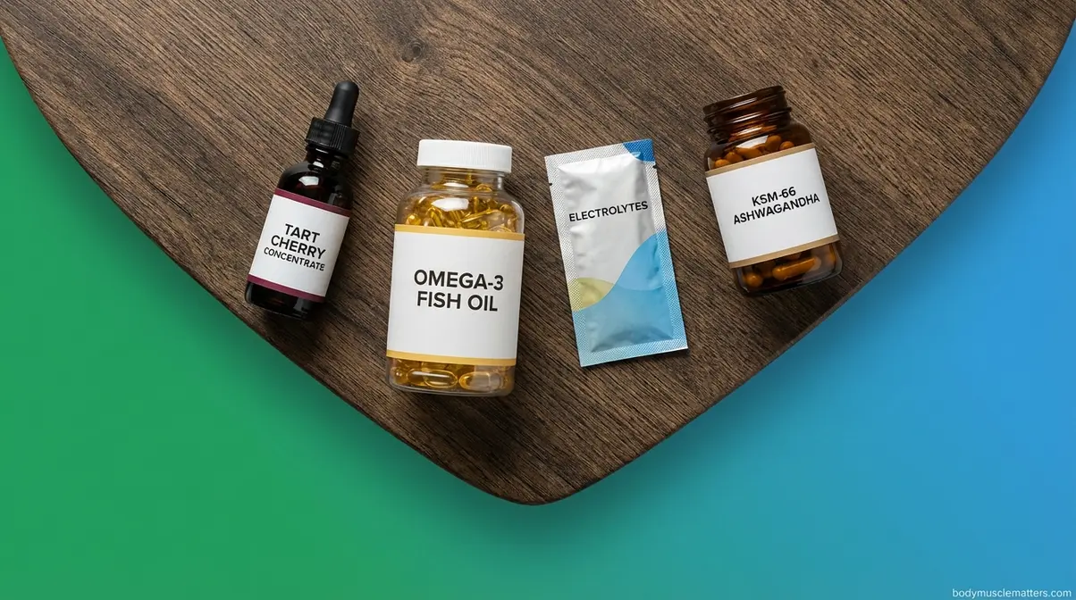 Secondary recovery supplements including tart cherry, omega-3, electrolytes, and ashwagandha for post-workout muscle recovery