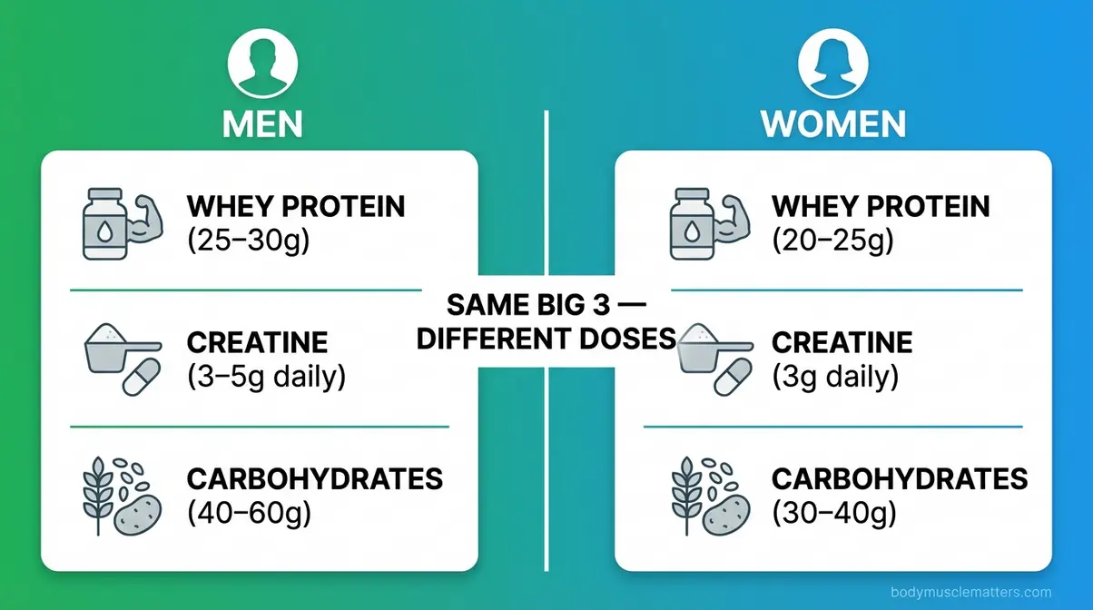 Comparison diagram showing post-workout supplement stacks for men versus women focused on lean muscle gain