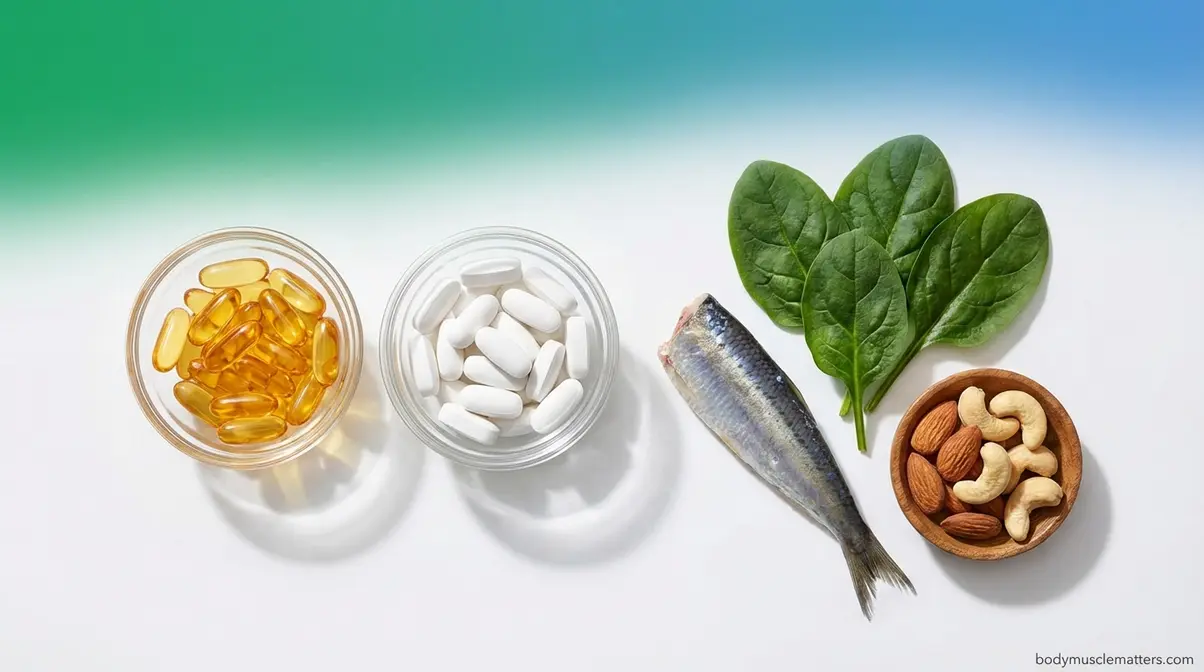 Vitamin D softgels and magnesium tablets alongside natural food sources for muscle recovery support