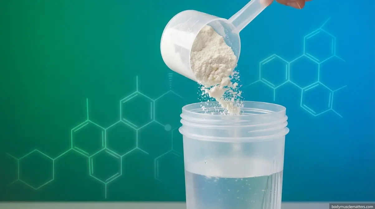 Whey protein isolate powder being scooped into shaker bottle for post-workout muscle protein synthesis