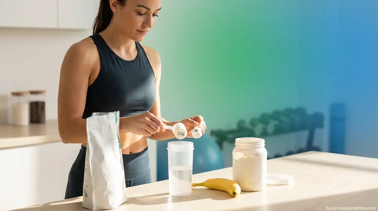 Woman preparing post-workout supplement shake with whey protein, creatine, and banana for lean muscle growth