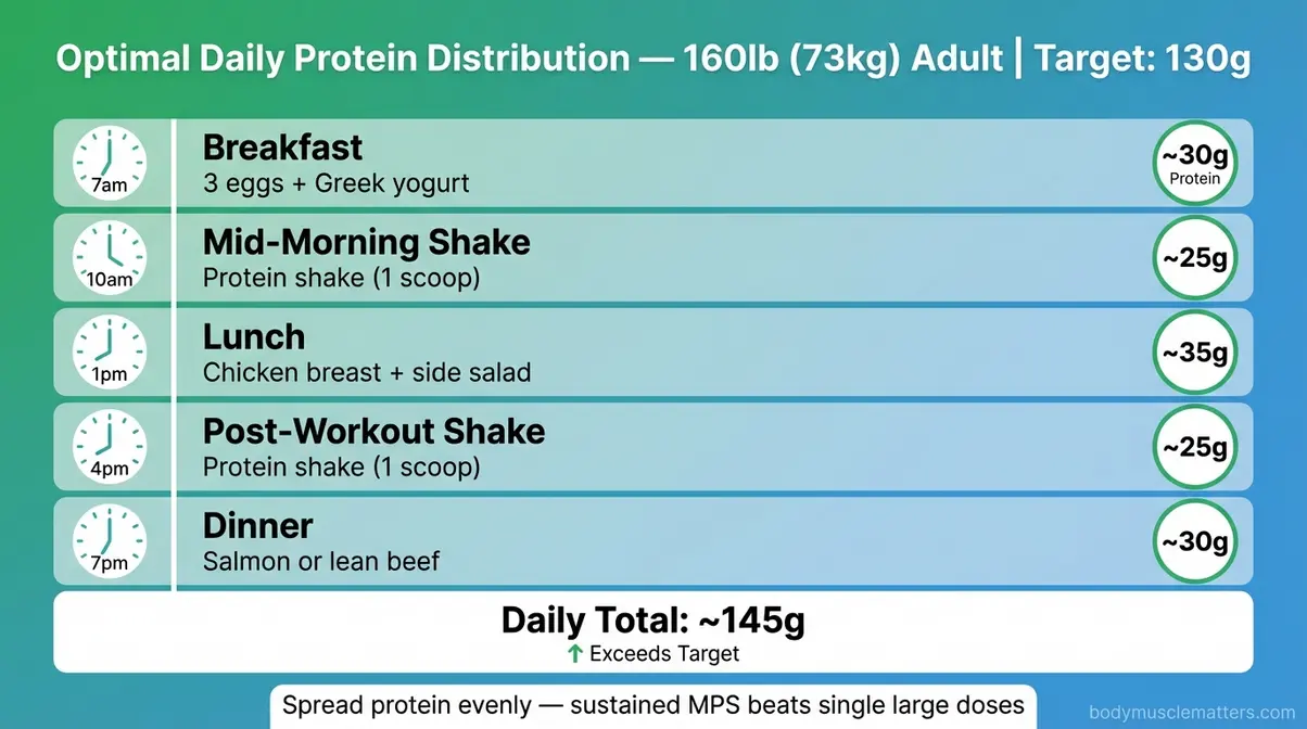 Daily protein distribution infographic showing five optimally timed meals delivering 145g protein for muscle gain