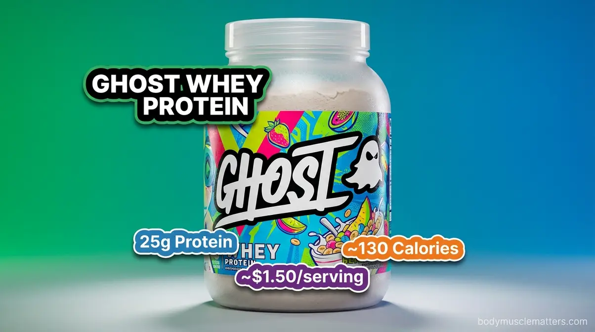 Ghost Whey Protein tub showing 25g protein and 130 calories per serving with fully disclosed label
