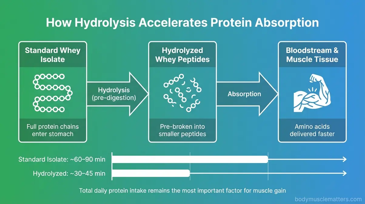 Diagram showing how hydrolyzed whey protein is pre-digested into peptides for faster absorption than standard whey isolate