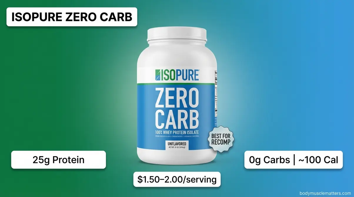 Isopure Zero Carb whey isolate tub showing 25g protein zero carbs and 100 calories for body recomposition