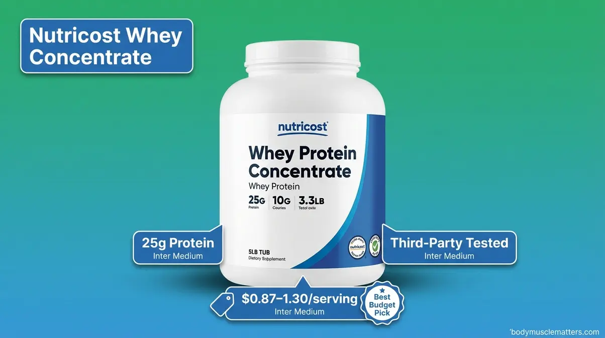 Nutricost Whey Concentrate large tub showing 25g protein and third-party tested certification at budget price