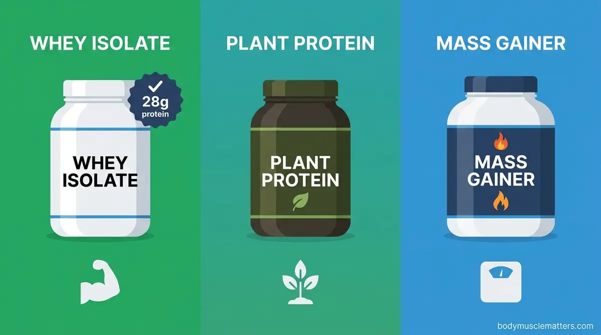 Protein powder buying guide comparing whey isolate, plant protein, and mass gainer types