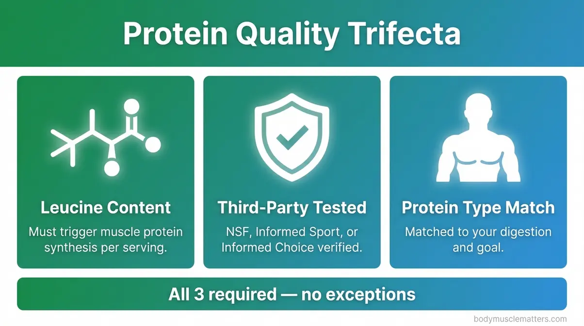 Protein Quality Trifecta infographic showing leucine content, third-party testing, and protein type match criteria for muscle gain