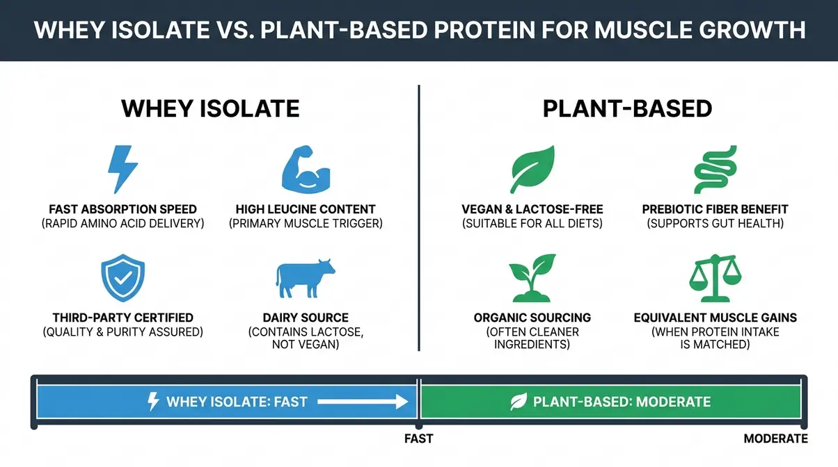 Infographic comparing whey isolate and plant-based protein for muscle growth including absorption speed and leucine content