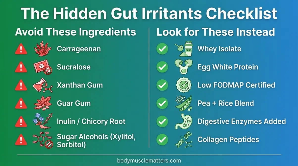 Infographic checklist of gut irritants to avoid and safe ingredients to look for in protein powder for sensitive stomachs