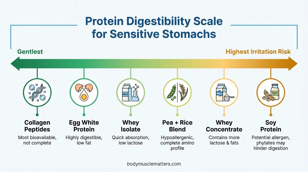 Visual digestibility scale ranking collagen, egg white, whey isolate, pea rice blend, and whey concentrate for sensitive stomachs