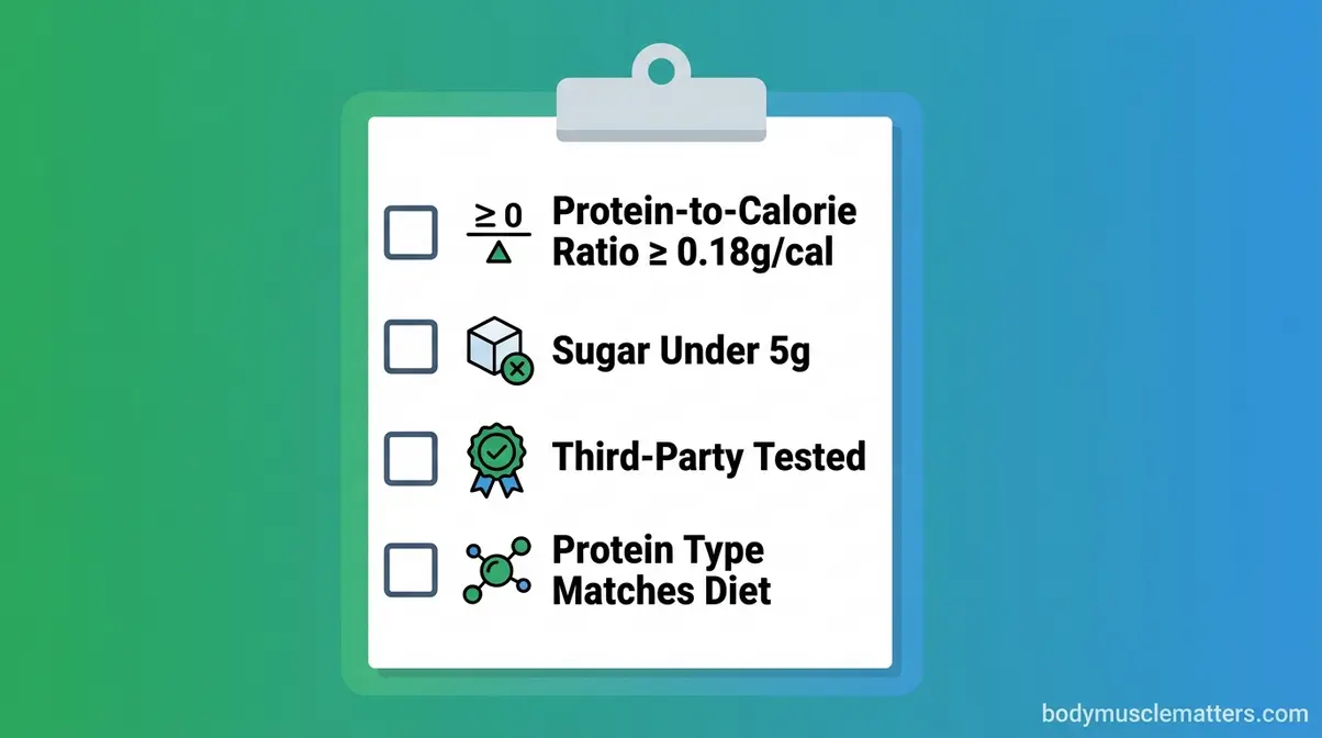 Protein powder buying guide checklist showing four key criteria for weight loss selection