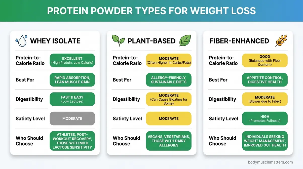 Infographic comparing whey isolate, plant-based, and fiber-enhanced protein powder for weight loss across key metrics