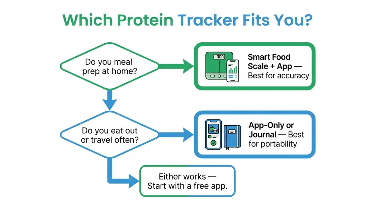 Flowchart decision path for choosing between app-only and smart food scale protein tracking