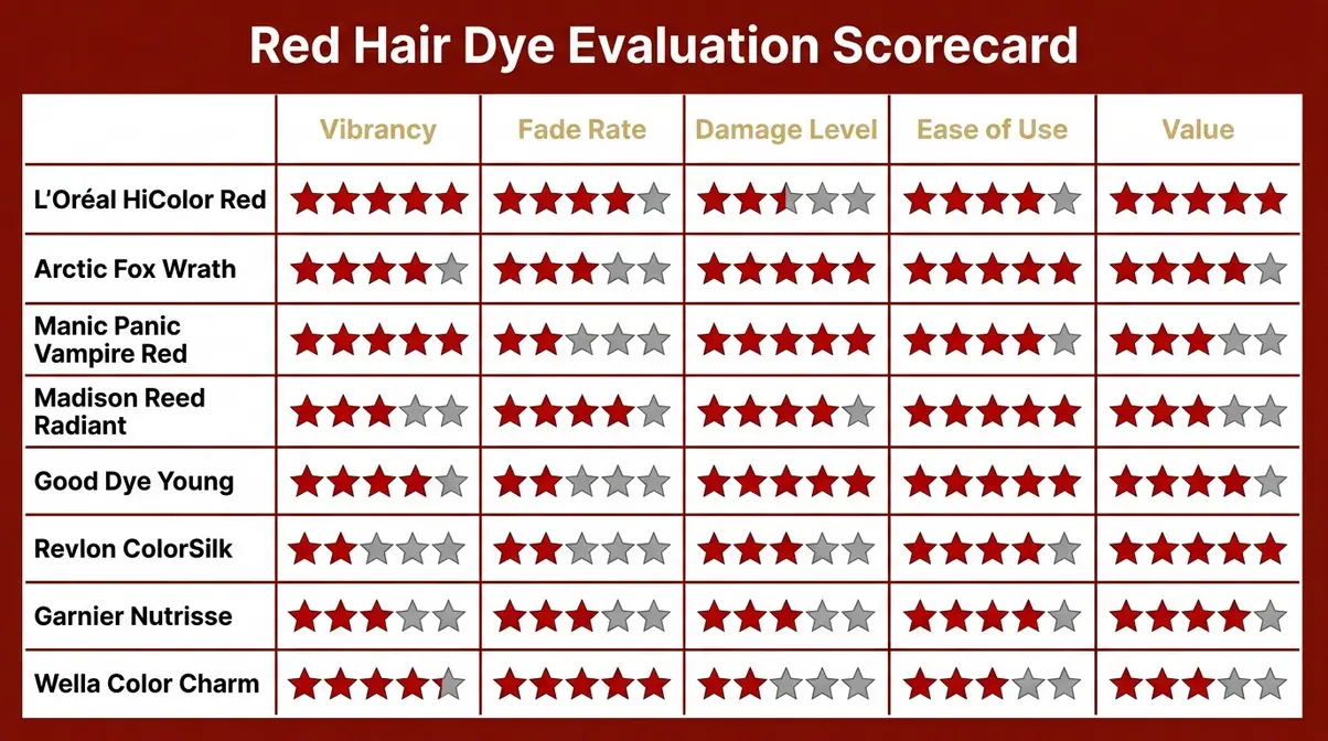 Red hair dye evaluation scorecard rating vibrancy, fade rate, damage, ease of use, and value for all eight products