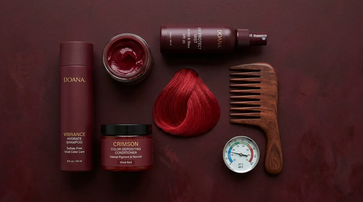 Hair care products for extending red hair dye longevity including sulfate-free shampoo and UV protection spray