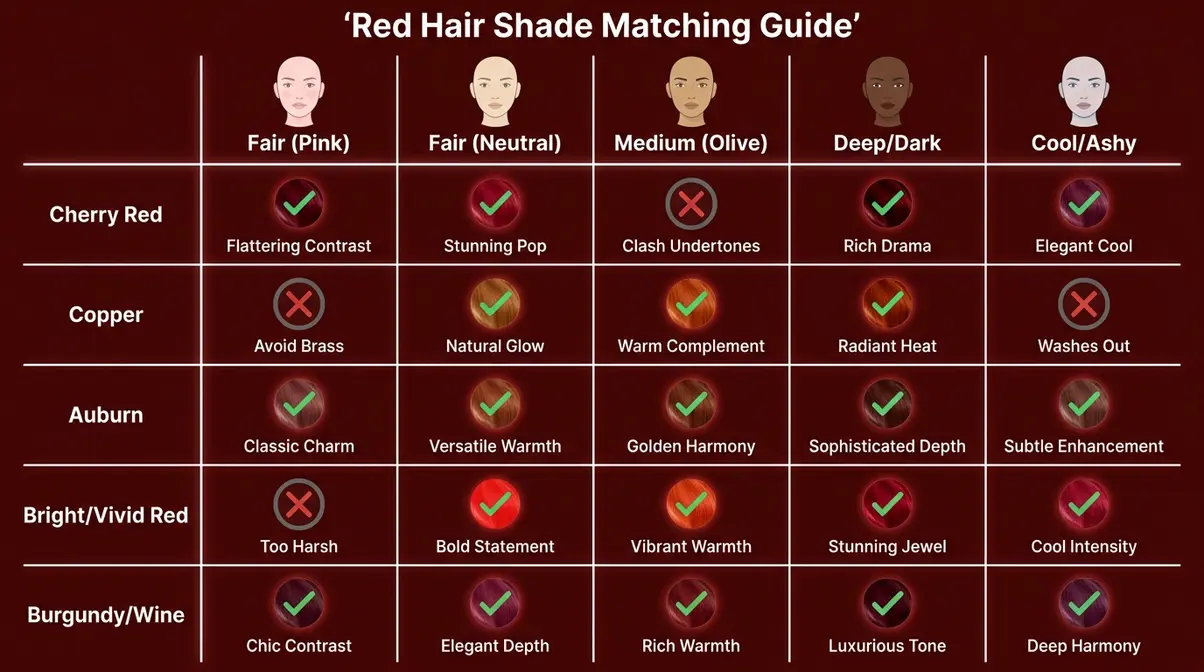 Red hair shade matching chart by skin tone showing best red dye shades for fair, medium, olive, and deep complexions