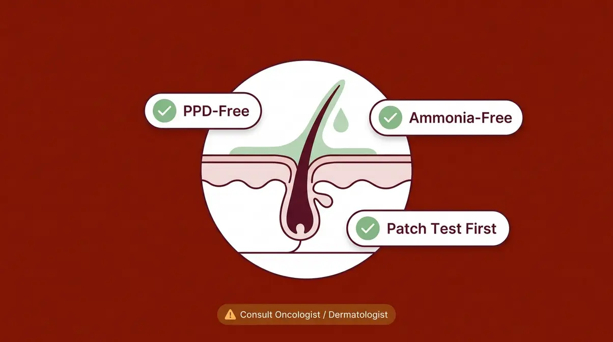 Sensitive scalp hair dye safety guide showing PPD-free and ammonia-free formula considerations for rosacea and post-chemo use