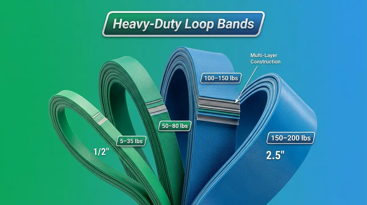 Heavy-duty multi-layered loop resistance bands in multiple resistance levels for strength training