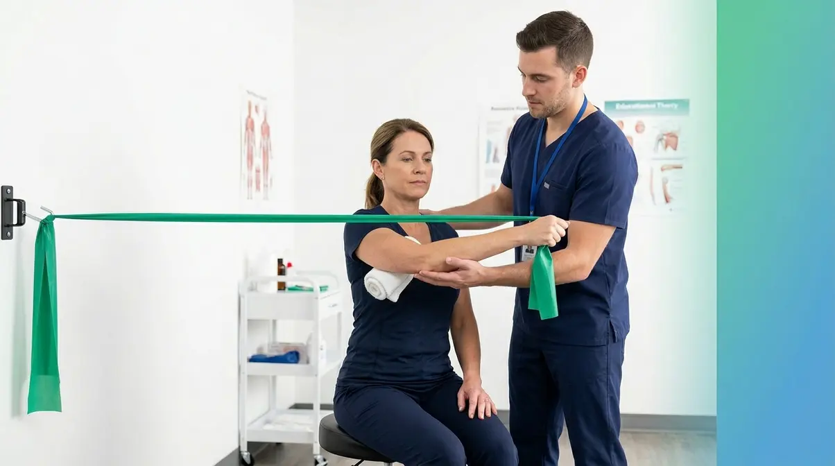 Physical therapist guiding patient through resistance band rotator cuff rehabilitation exercise