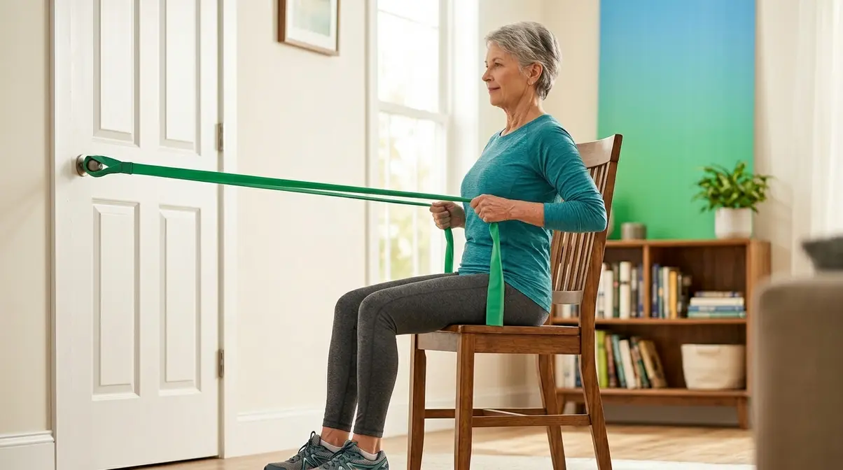 Senior adult performing seated resistance band row exercise for strength training at home