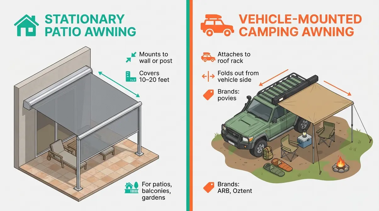 Side-by-side diagram comparing stationary patio retractable awning versus vehicle-mounted camping awning