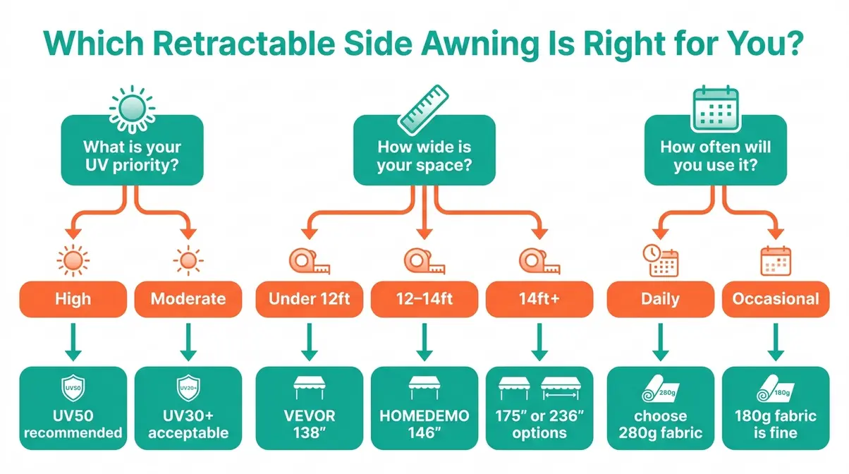 Flowchart for choosing a retractable tent side awning by UV rating, size, and use frequency