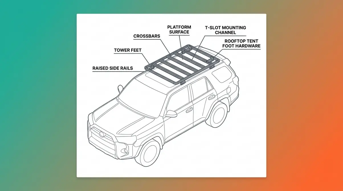 Labeled diagram of roof rack anatomy showing towers, crossbars, platform surface, and rooftop tent mounting points