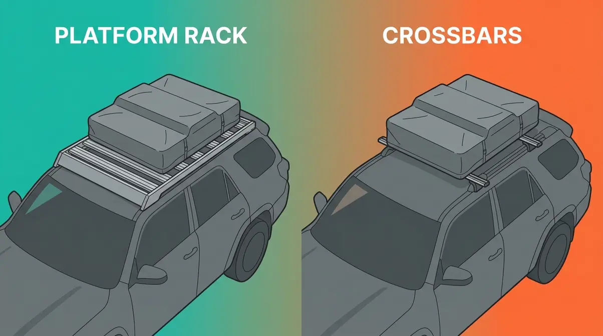 Platform rack versus crossbar comparison diagram for mounting a rooftop tent on an SUV