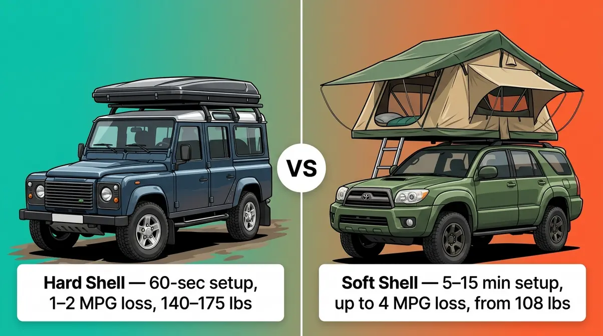Hard shell versus soft shell rooftop tent comparison showing setup time and weight differences for Crosstrek owners