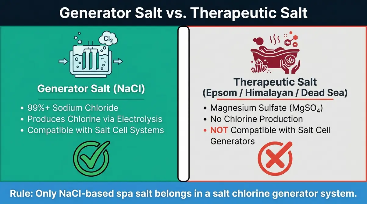 Best Salt for Hot Tub: 8 Expert Picks for Every System 18 Comparison infographic of generator salt sodium chloride versus therapeutic Epsom salt and Dead Sea minerals for hot tub systems