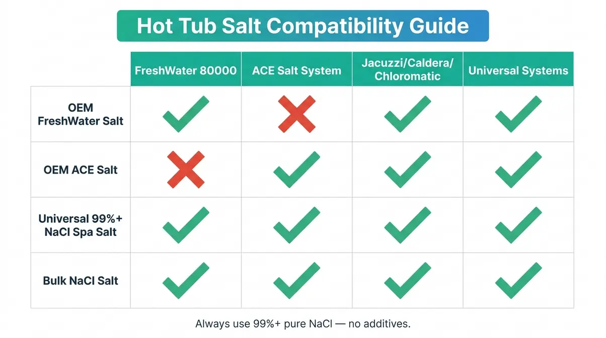 Best Salt for Hot Tub: 8 Expert Picks for Every System 10 Hot tub salt compatibility chart showing which NaCl spa salts work with FreshWater, ACE, Jacuzzi, and Caldera systems