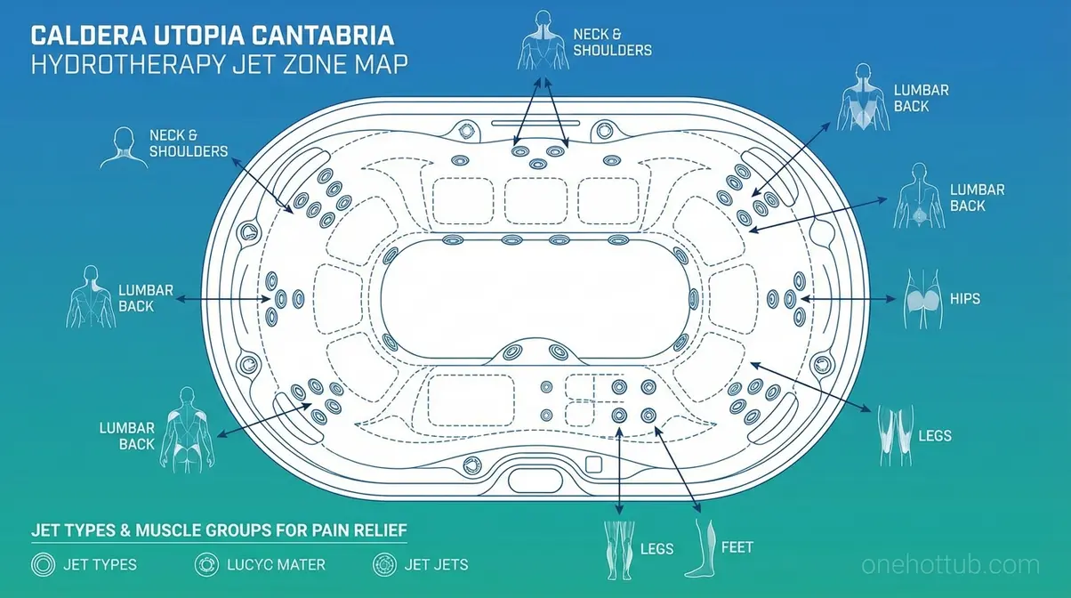 Caldera Utopia Cantabria saltwater hot tub jet zone diagram showing therapeutic seating positions