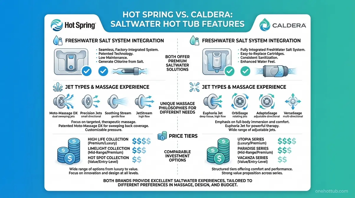 Infographic comparing Hot Spring and Caldera saltwater hot tub FreshWater Salt System features