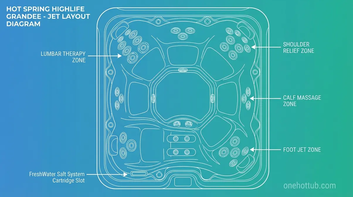 Hot Spring Highlife Grandee saltwater hot tub interior showing jet zones and seating layout